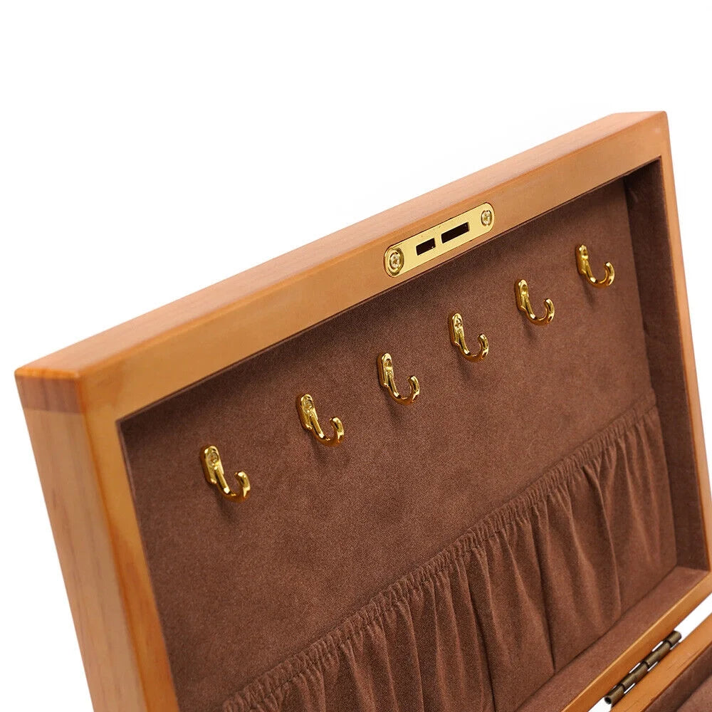 Large Capacity Wooden Jewelry Box 3 Layers Jewelry Storage Box W/ Safe Lock Retro Organizer