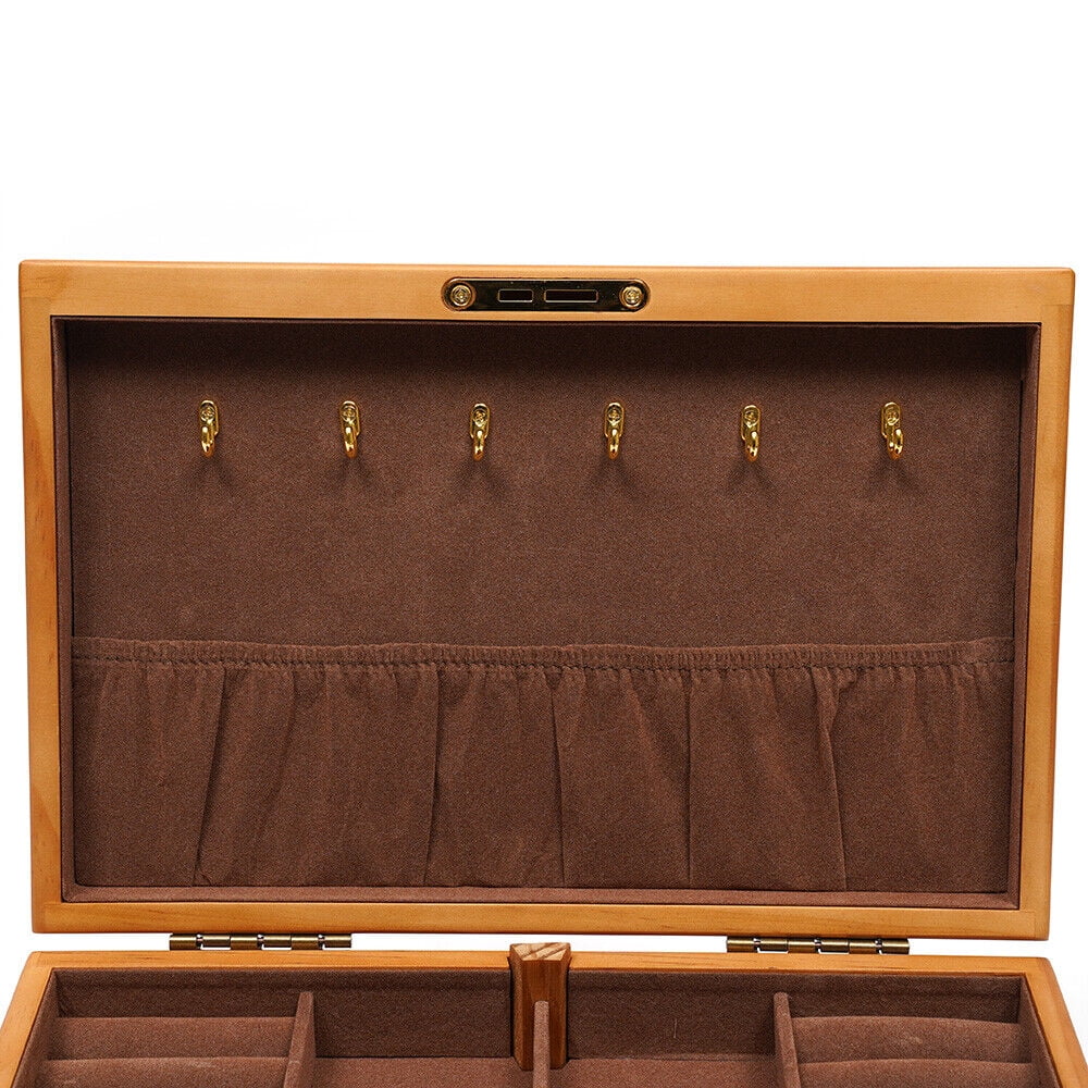 Large Capacity Wooden Jewelry Box 3 Layers Jewelry Storage Box W/ Safe Lock Retro Organizer