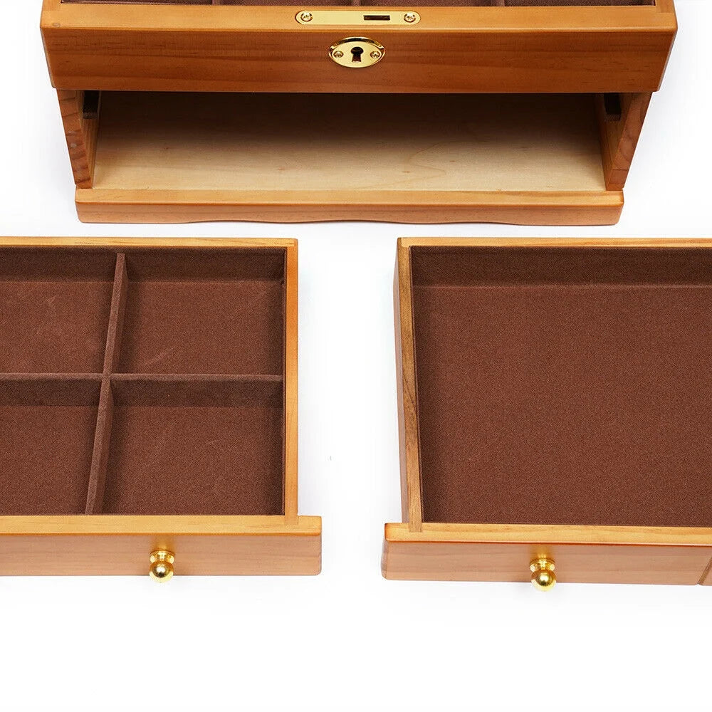 Large Capacity Wooden Jewelry Box 3 Layers Jewelry Storage Box W/ Safe Lock Retro Organizer