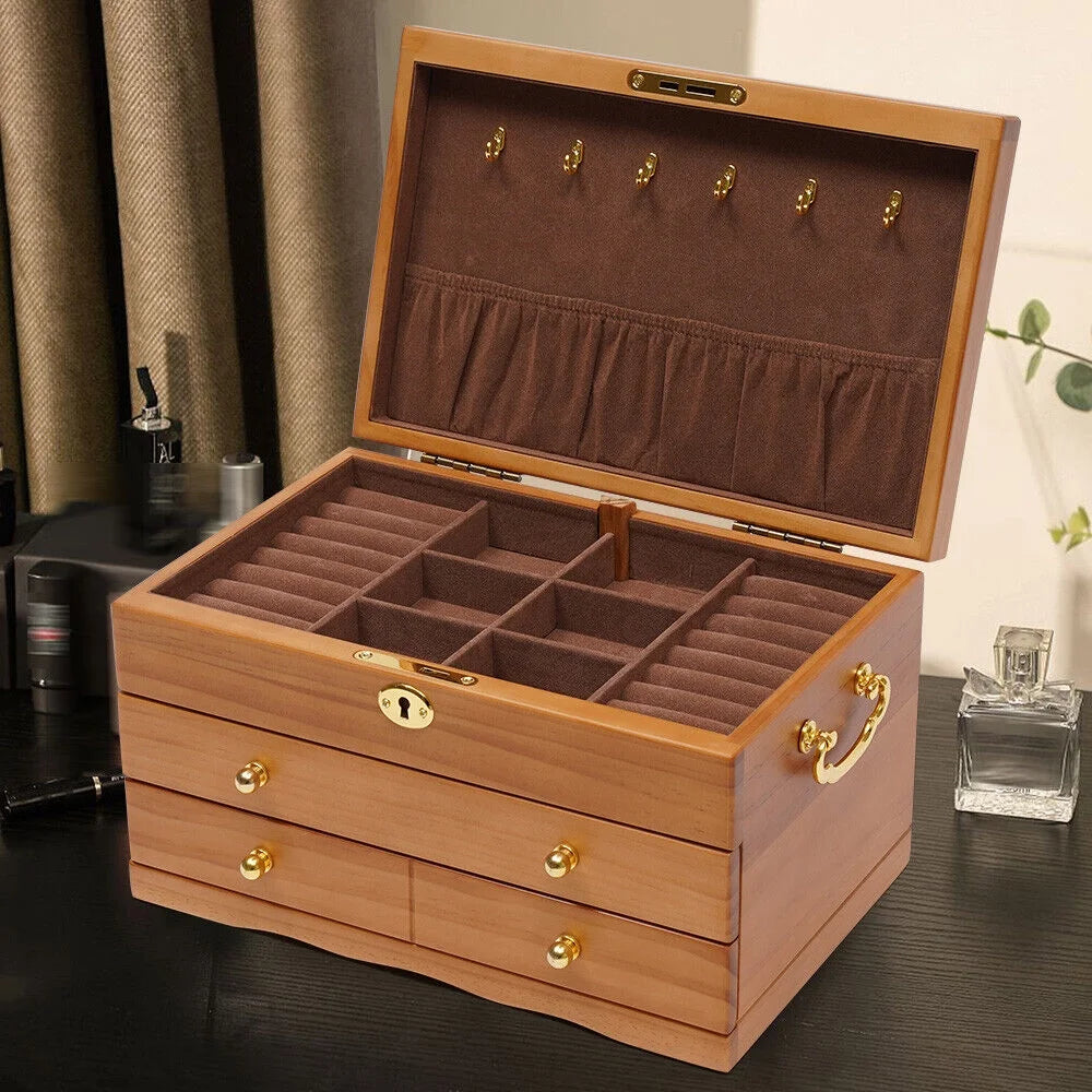 Large Capacity Wooden Jewelry Box 3 Layers Jewelry Storage Box W/ Safe Lock Retro Organizer