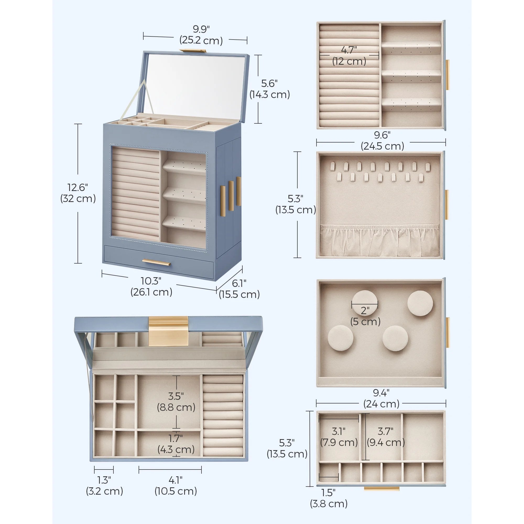5-Layers Jewelry Box, Jewelry Organizer with 3 Side Drawers Jewelry Storage with Big Mirror Modern, Blue