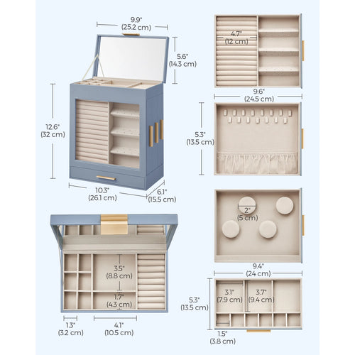 5-Layers Jewelry Box, Jewelry Organizer with 3 Side Drawers Jewelry Storage with Big Mirror Modern, Blue