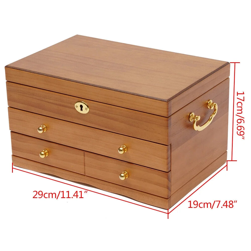 Large Capacity Wooden Jewelry Box 3 Layers Jewelry Storage Box W/ Safe Lock Retro Organizer
