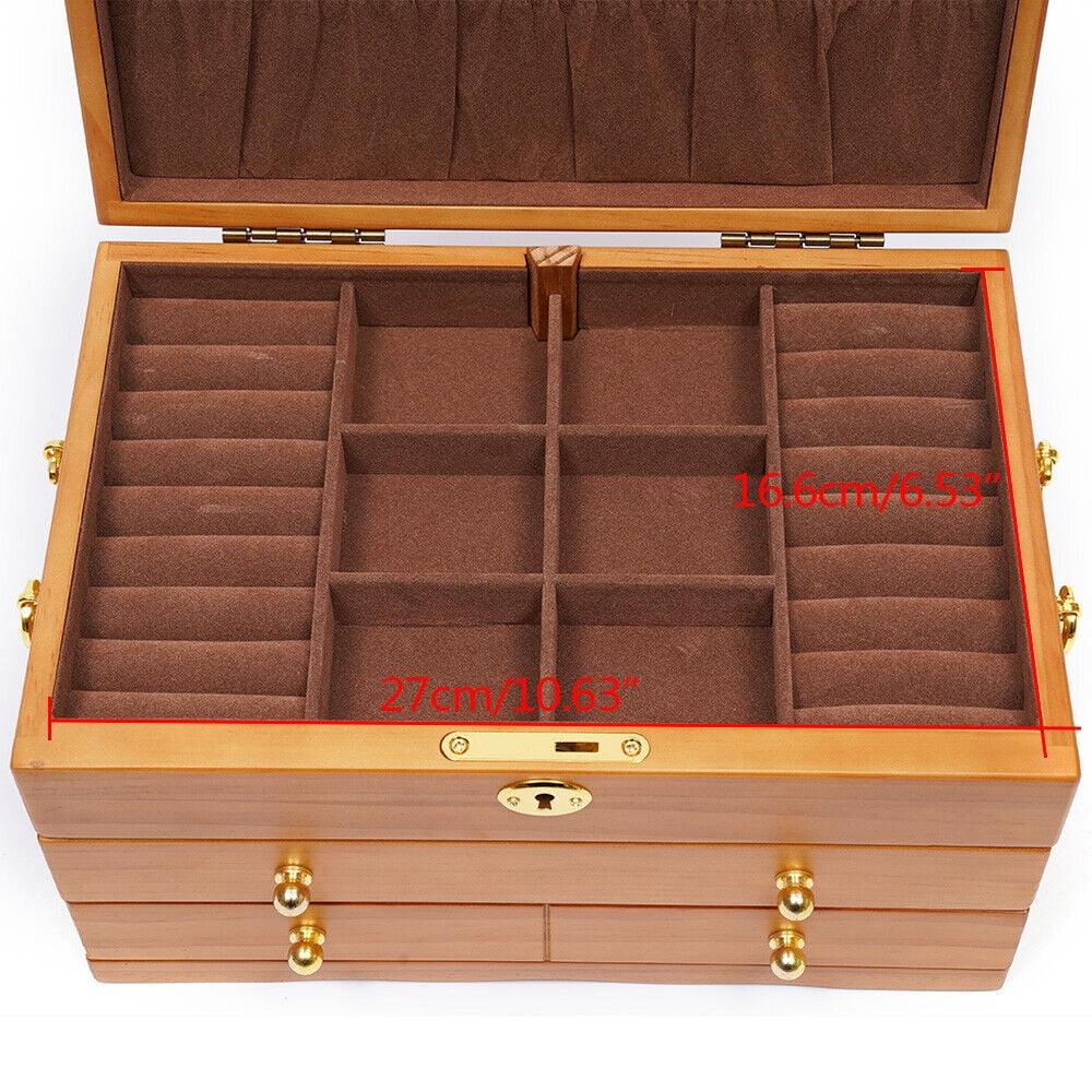 Large Capacity Wooden Jewelry Box 3 Layers Jewelry Storage Box W/ Safe Lock Retro Organizer