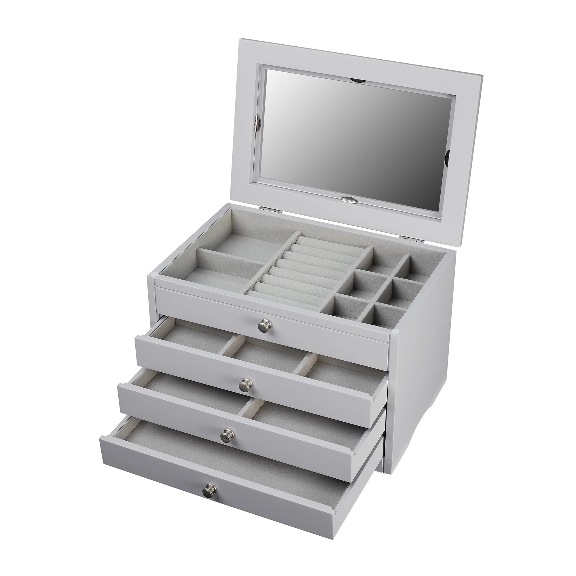Jewelry Box with Glass Lid, Multi-Compartment Lift-Top, and 3 Drawers