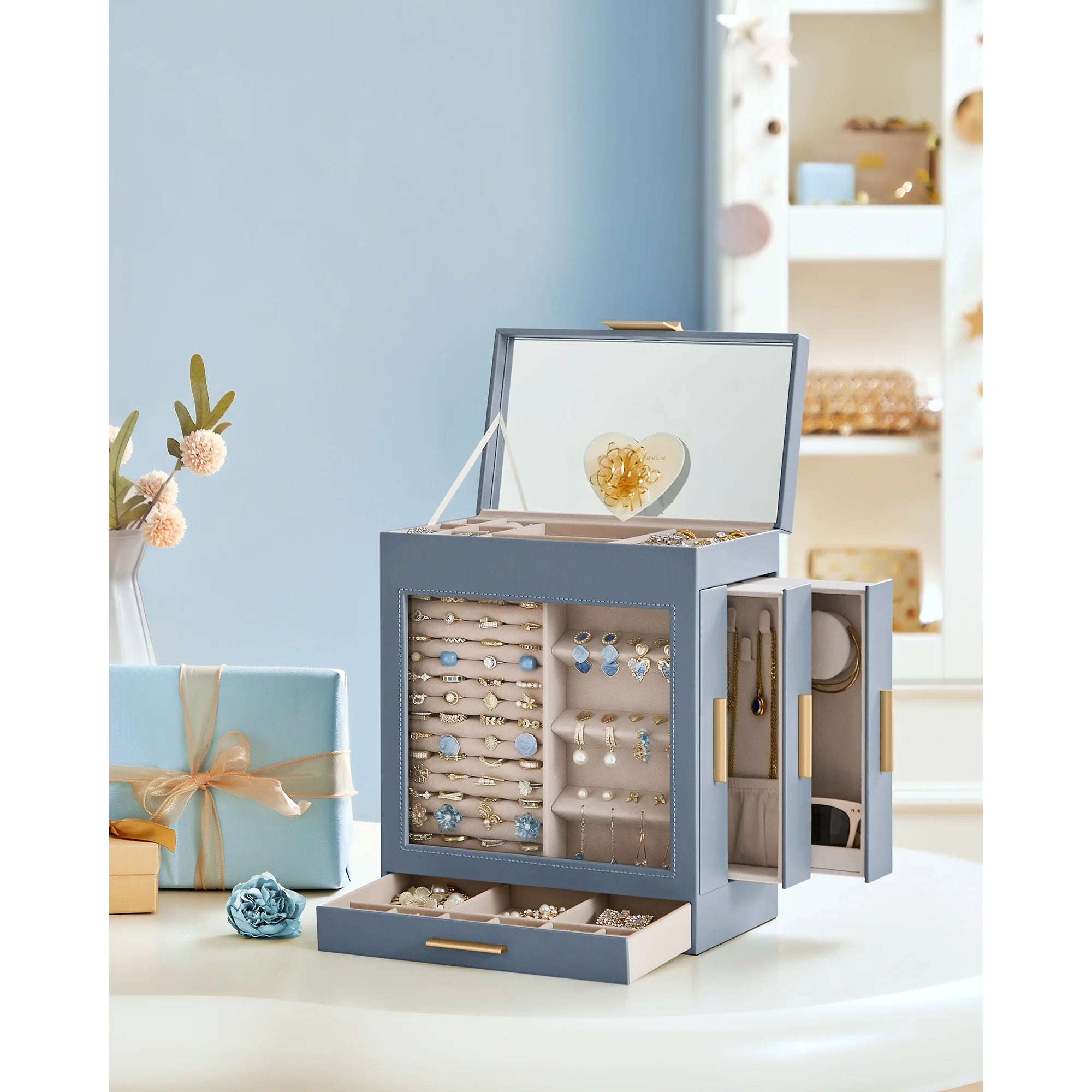 5-Layers Jewelry Box, Jewelry Organizer with 3 Side Drawers Jewelry Storage with Big Mirror Modern, Blue