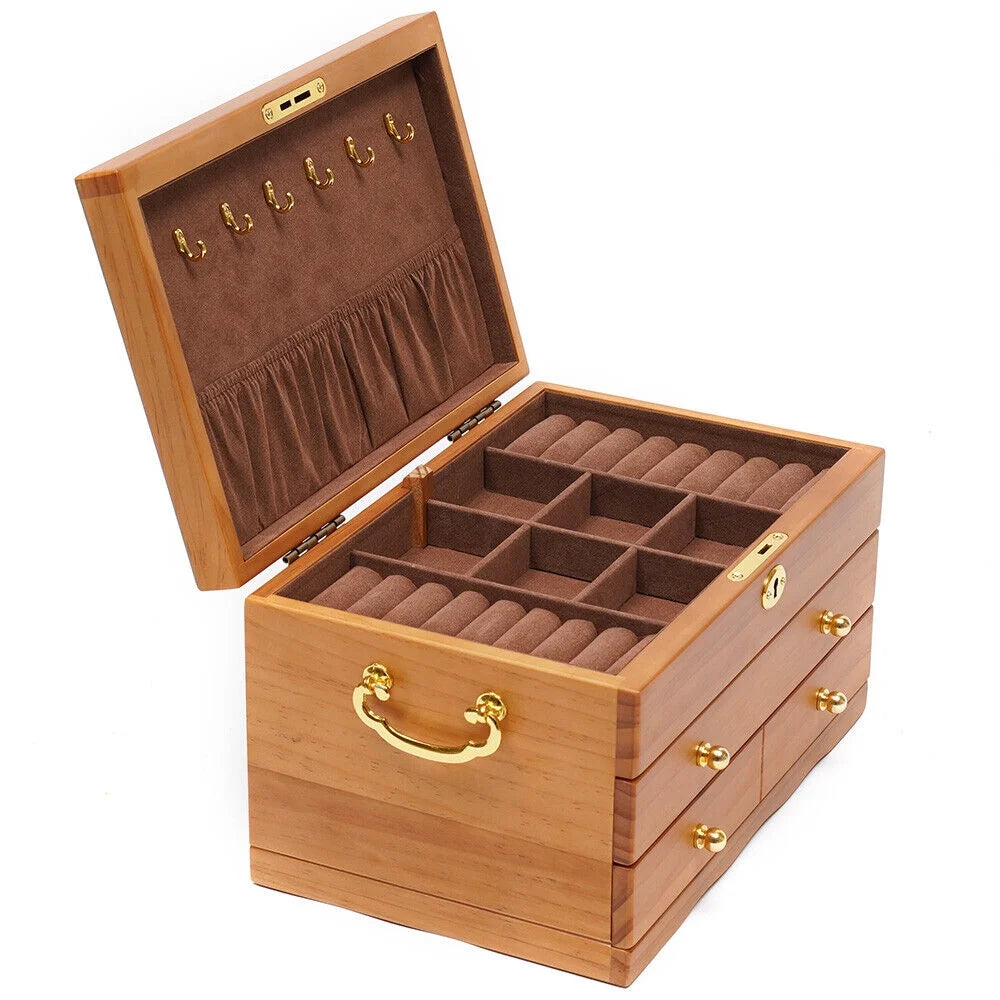 Large Capacity Wooden Jewelry Box 3 Layers Jewelry Storage Box W/ Safe Lock Retro Organizer