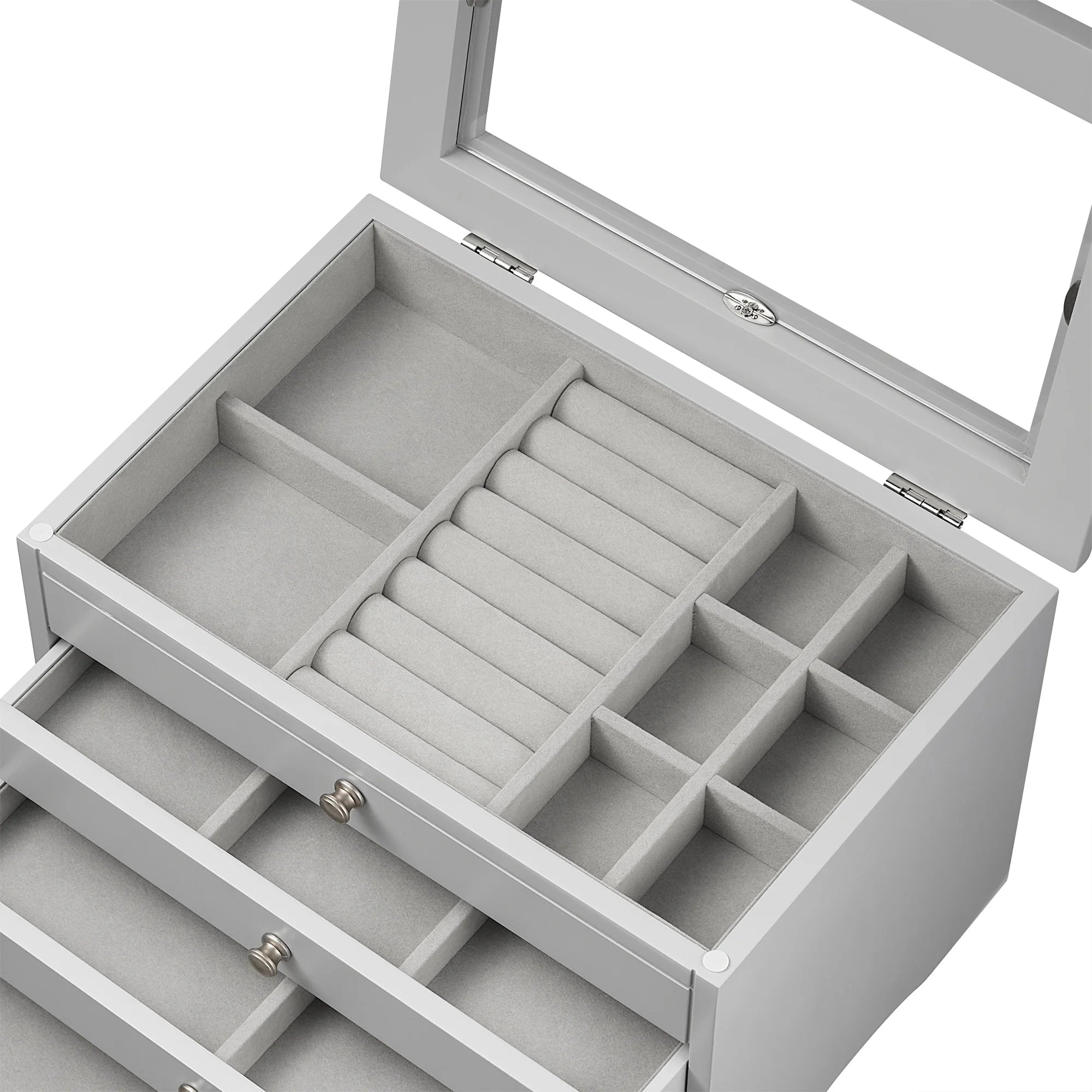 Jewelry Box with Glass Lid, Multi-Compartment Lift-Top, and 3 Drawers