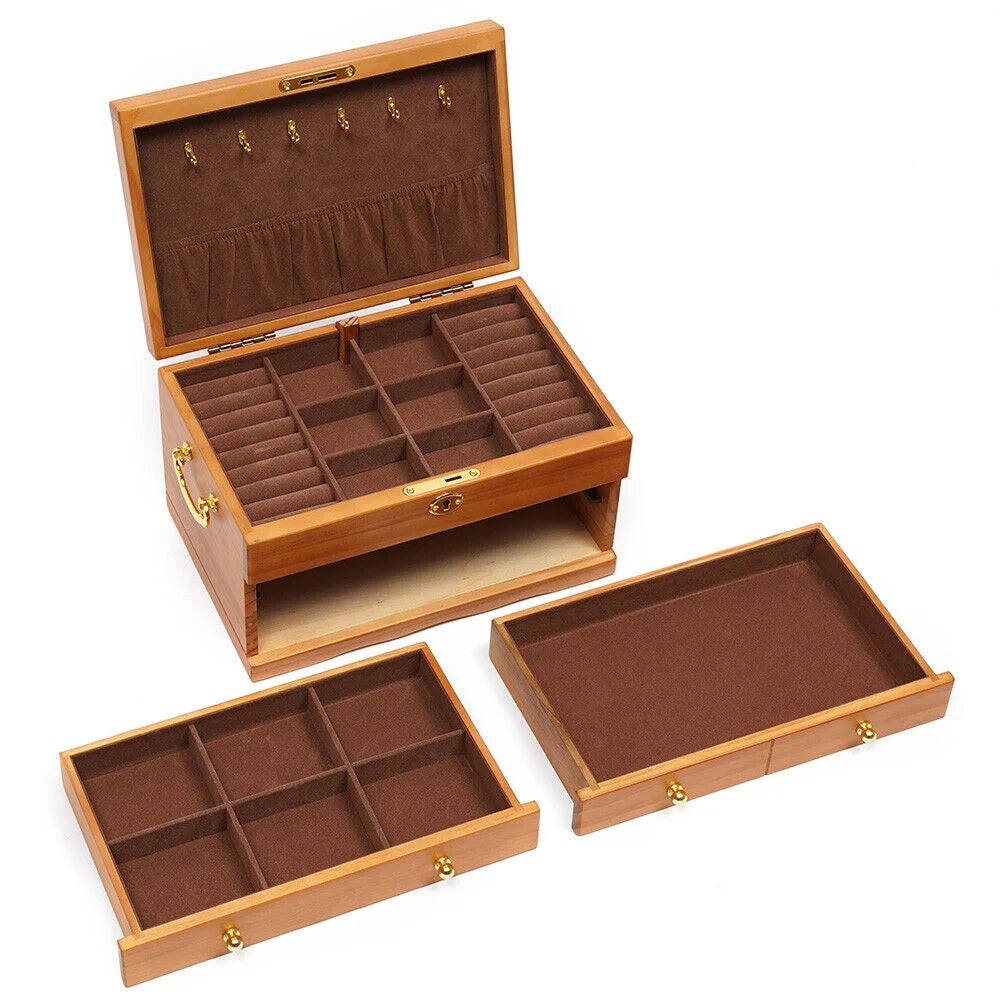 Large Capacity Wooden Jewelry Box 3 Layers Jewelry Storage Box W/ Safe Lock Retro Organizer