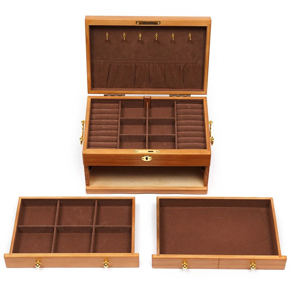 Large Capacity Wooden Jewelry Box 3 Layers Jewelry Storage Box W/ Safe Lock Retro Organizer